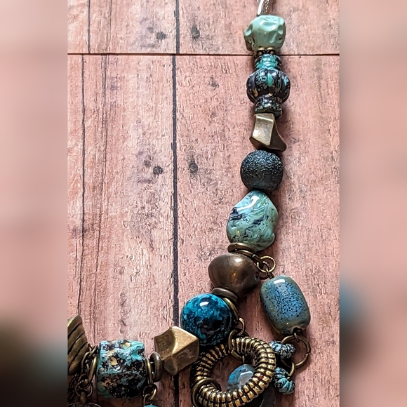 Multi Green Hues Multiple Charms & Beaded Necklace W Turquoise Chain - Picture 8 of 9